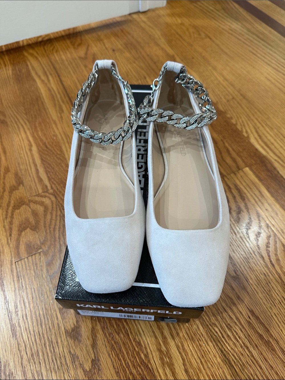 Karl Lagerfeld Cream Suede Chain-Ankle Square-Toe Ballet Flats